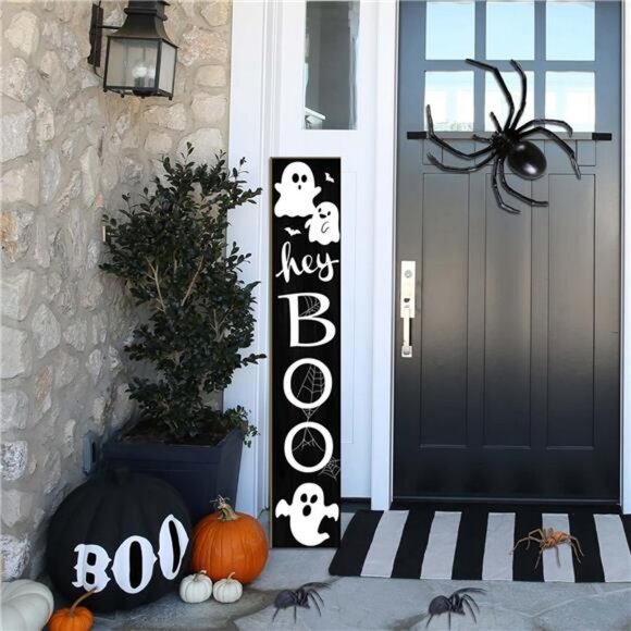 Halloween Porch Sign with Cute Ghost and Bats Design Door Hanging Decor Wooden - Picture 4 of 8